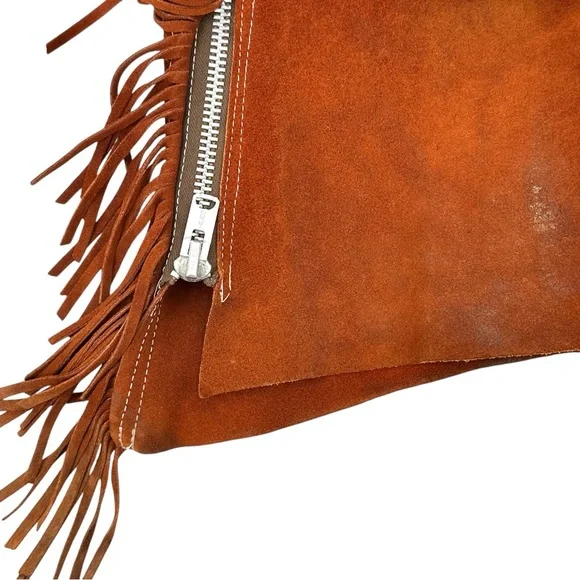 TALON ZIPPER RARE Pre 1960s Vintage Brown Distressed Suede Fringe Trim Chaps - Picture 9 of 12